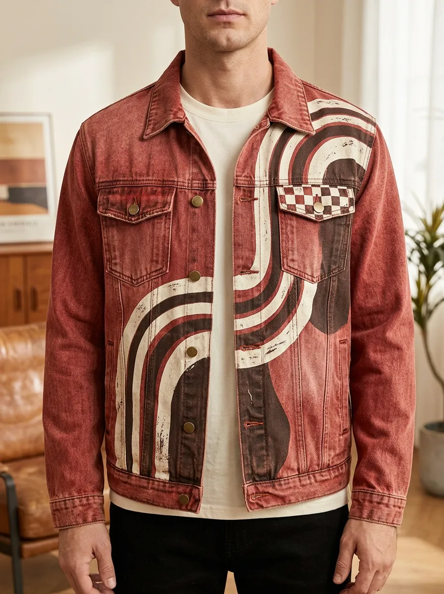 Men's Retro Abstract Swirl Checkered Printed Denim Jacket