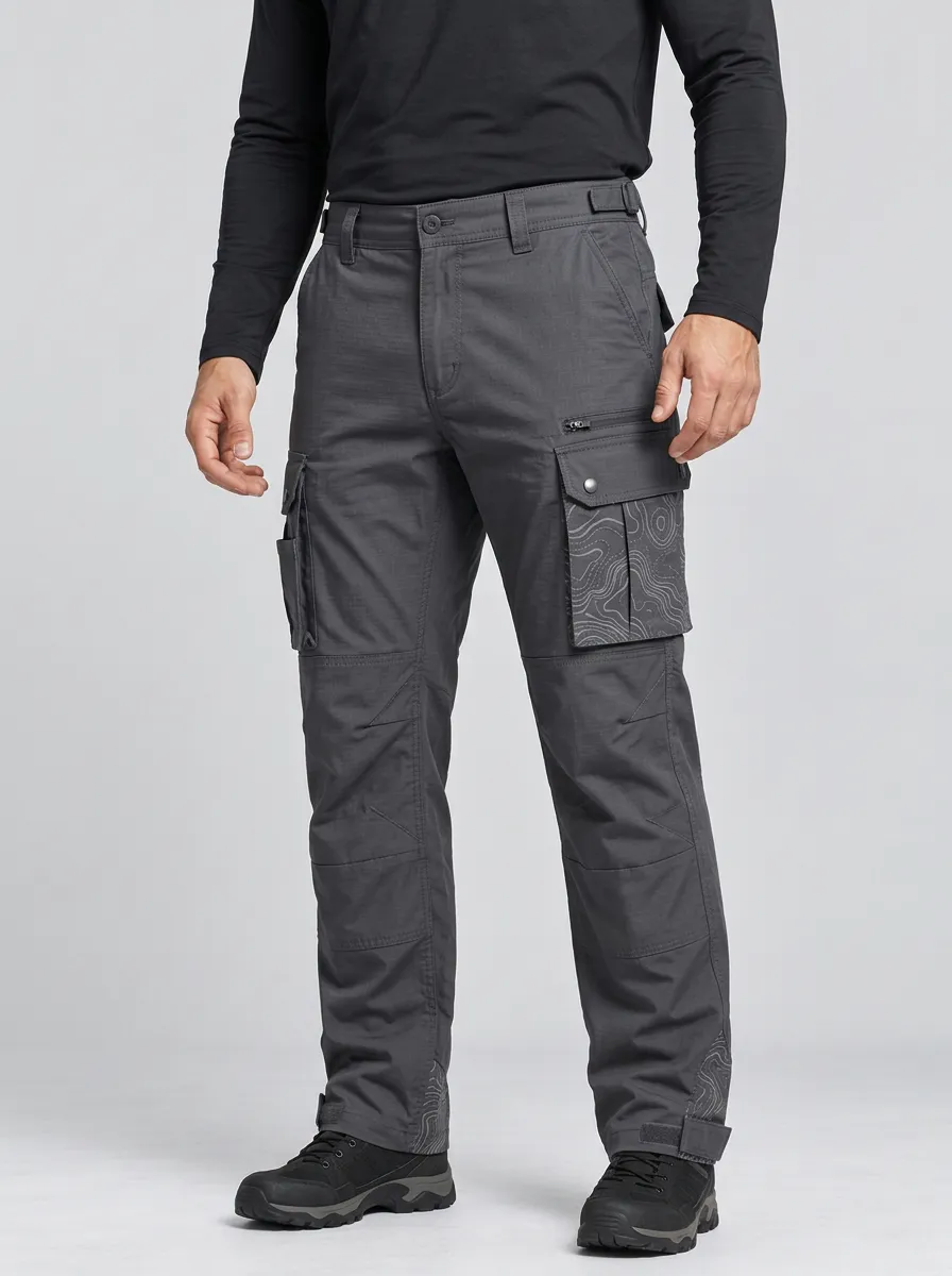 Men's Charcoal Grey Topographic Multi-Pocket Reinforced Knee Adjustable Hem Straight-Leg Tactical Cargo Pants