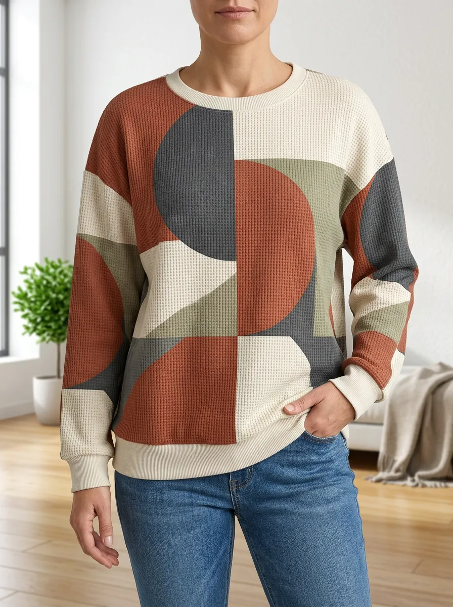 Women's Geometric Abstract Pattern Printed Waffle Knit Crewneck Sweatshirt