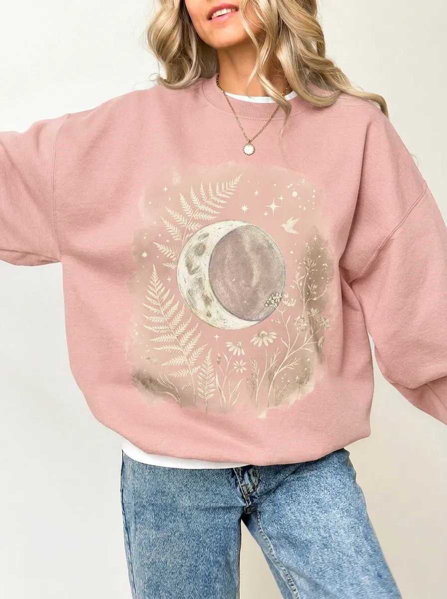 Women's Celestial Moon Fern Floral Graphic Sweatshirt