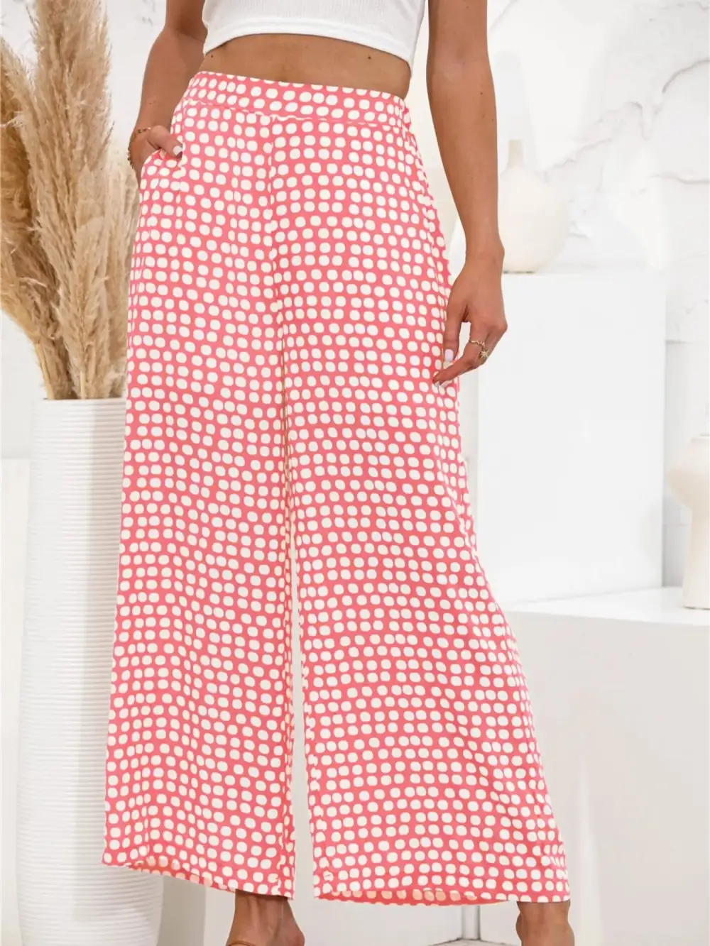 Wide Leg Polka Dot Pocketed Casual Pants