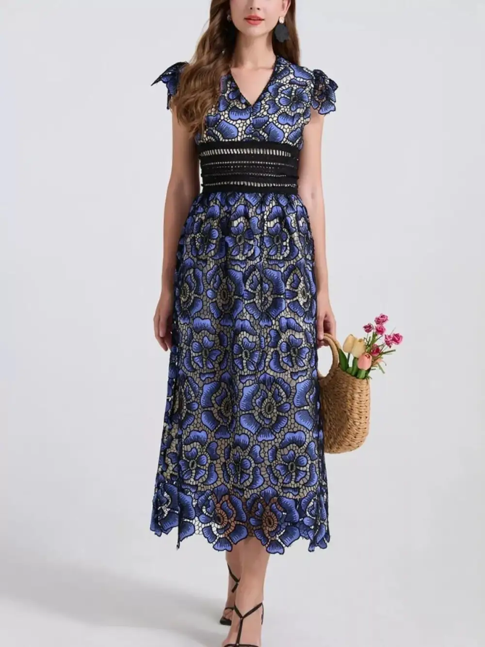 Printed V Neck Ruffle Midi Dress