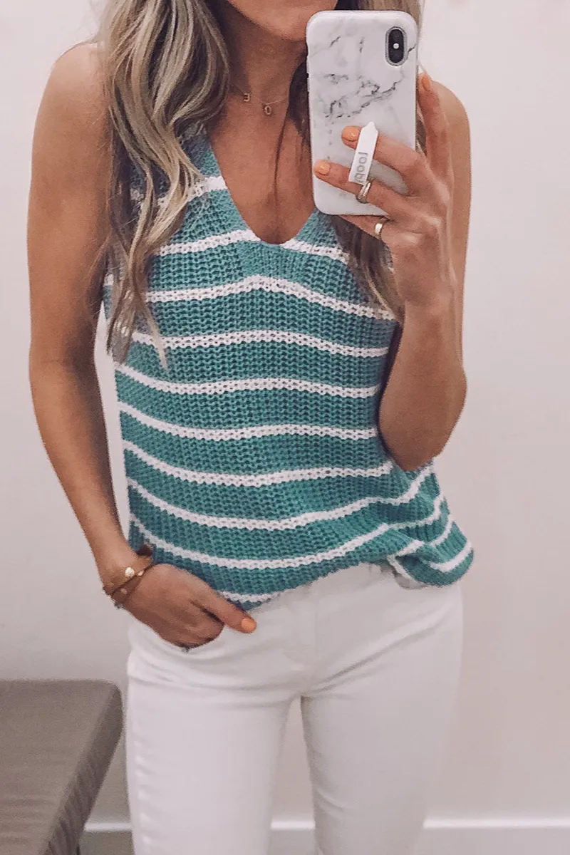 Striped V-Neck Sleeveless Knitted Tank Top