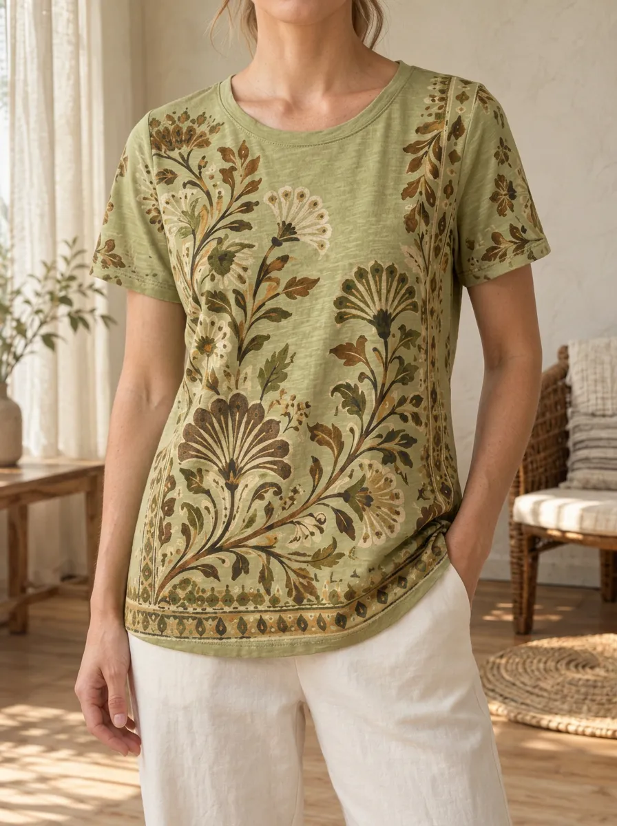 Women's Botanical Floral Art Printed Crewneck T-shirt