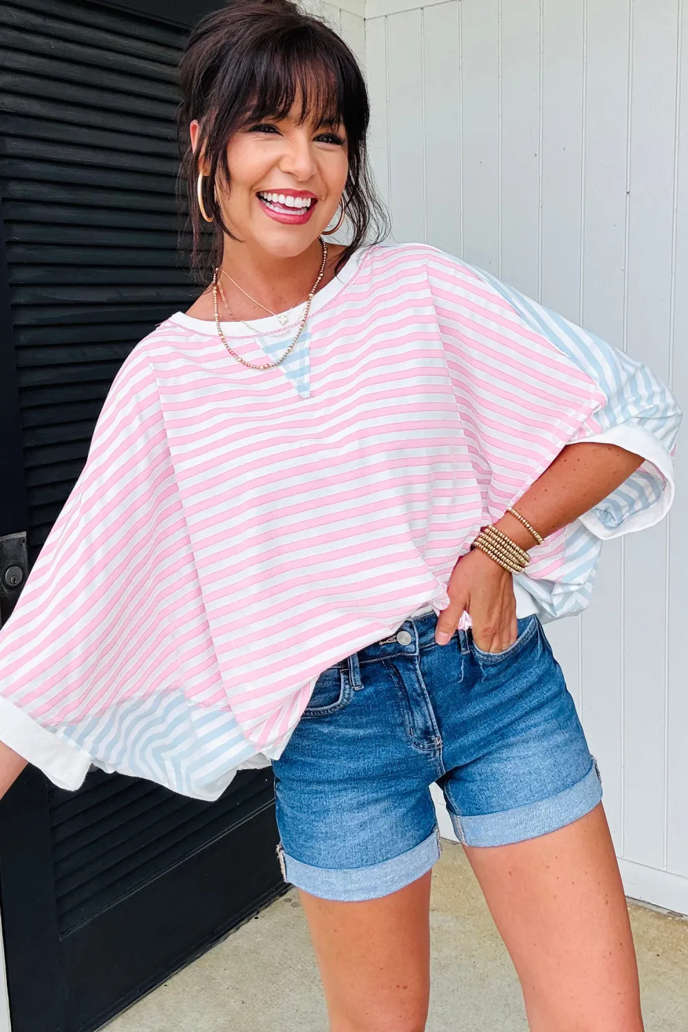 Stripe Oversize Dolman Sleeve Patchwork Tee