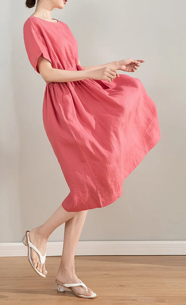 Relaxed Linen Cotton A Line Short Sleeve Midi Dress