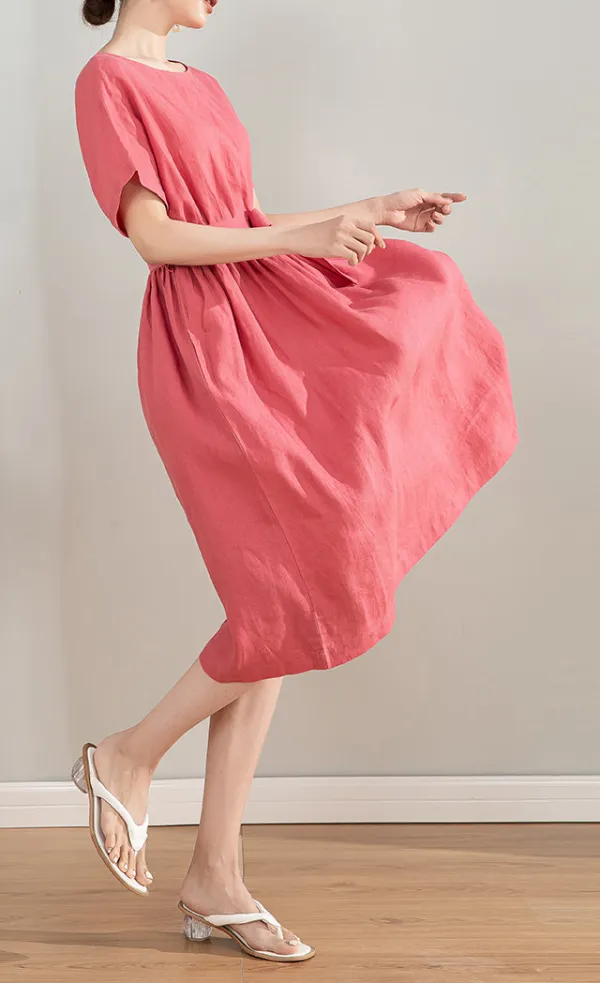 Relaxed Linen Cotton A Line Short Sleeve Midi Dress