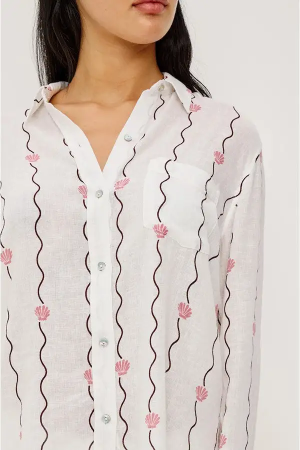 White Striped Seashell Print Shirt