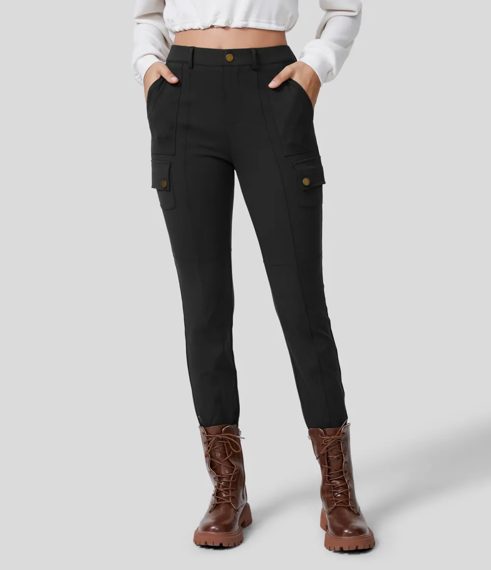 High Waisted Button Zipper Multiple Pockets Solid Skinny Cargo Pants
