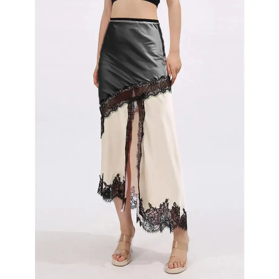 Lace Trim Asymmetrical Midi Skirt