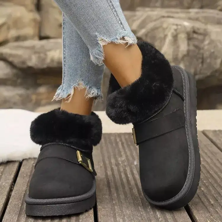 Fuzzy Trim Buckle Accent Winter Boots