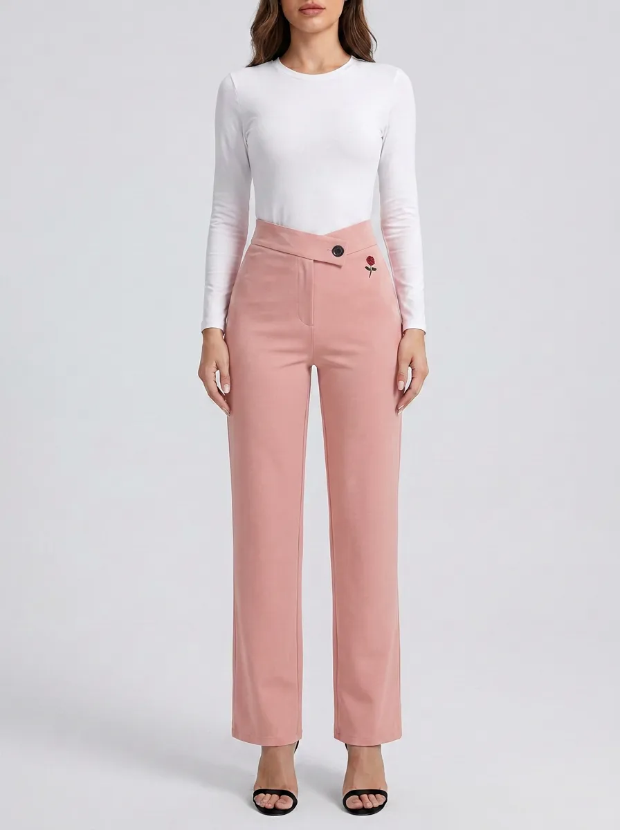 Women's Classic Comfort Crossover Waist Embroidered Mid Rise Straight Leg Pants