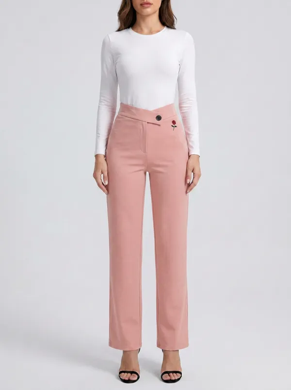Women's Classic Comfort Crossover Waist Embroidered Mid Rise Straight Leg Pants