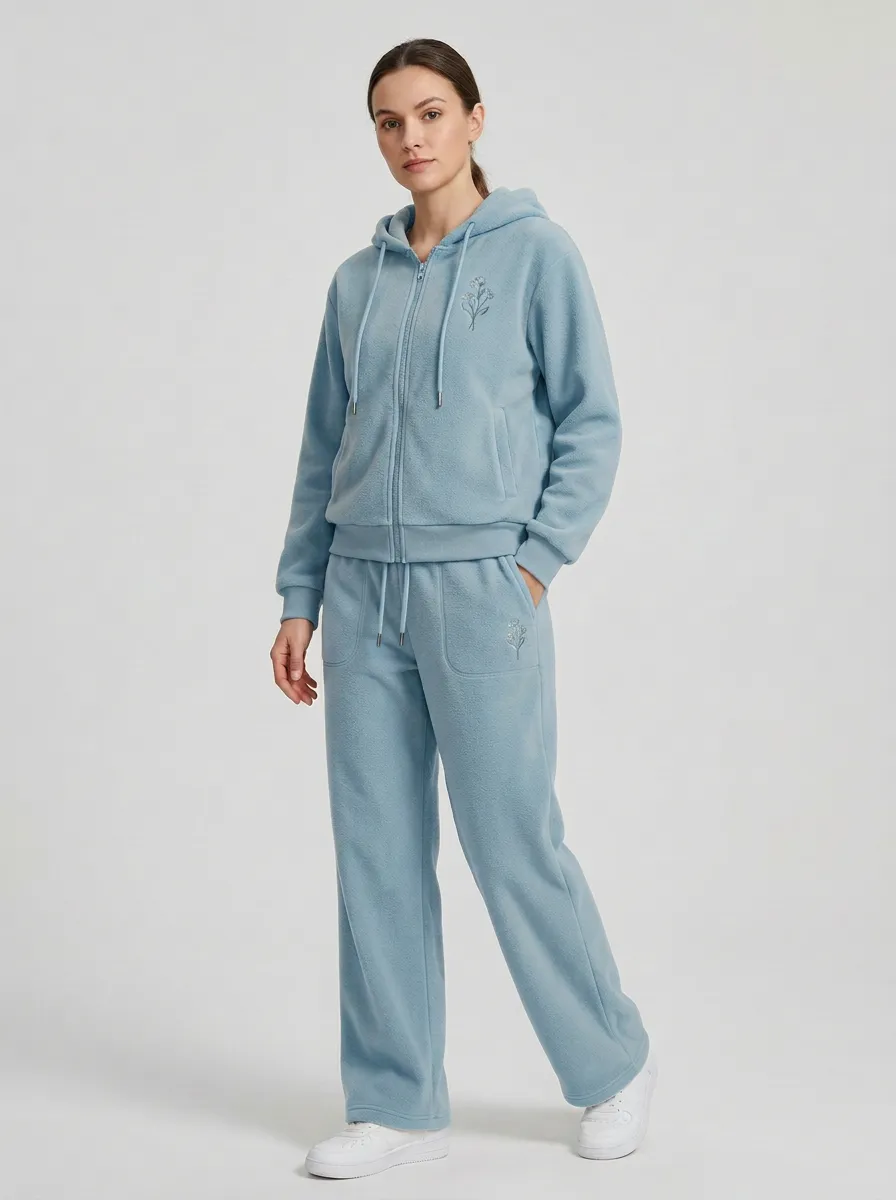 Women's Embroidered Fleece Zip-Up Hoodie And Pant Set