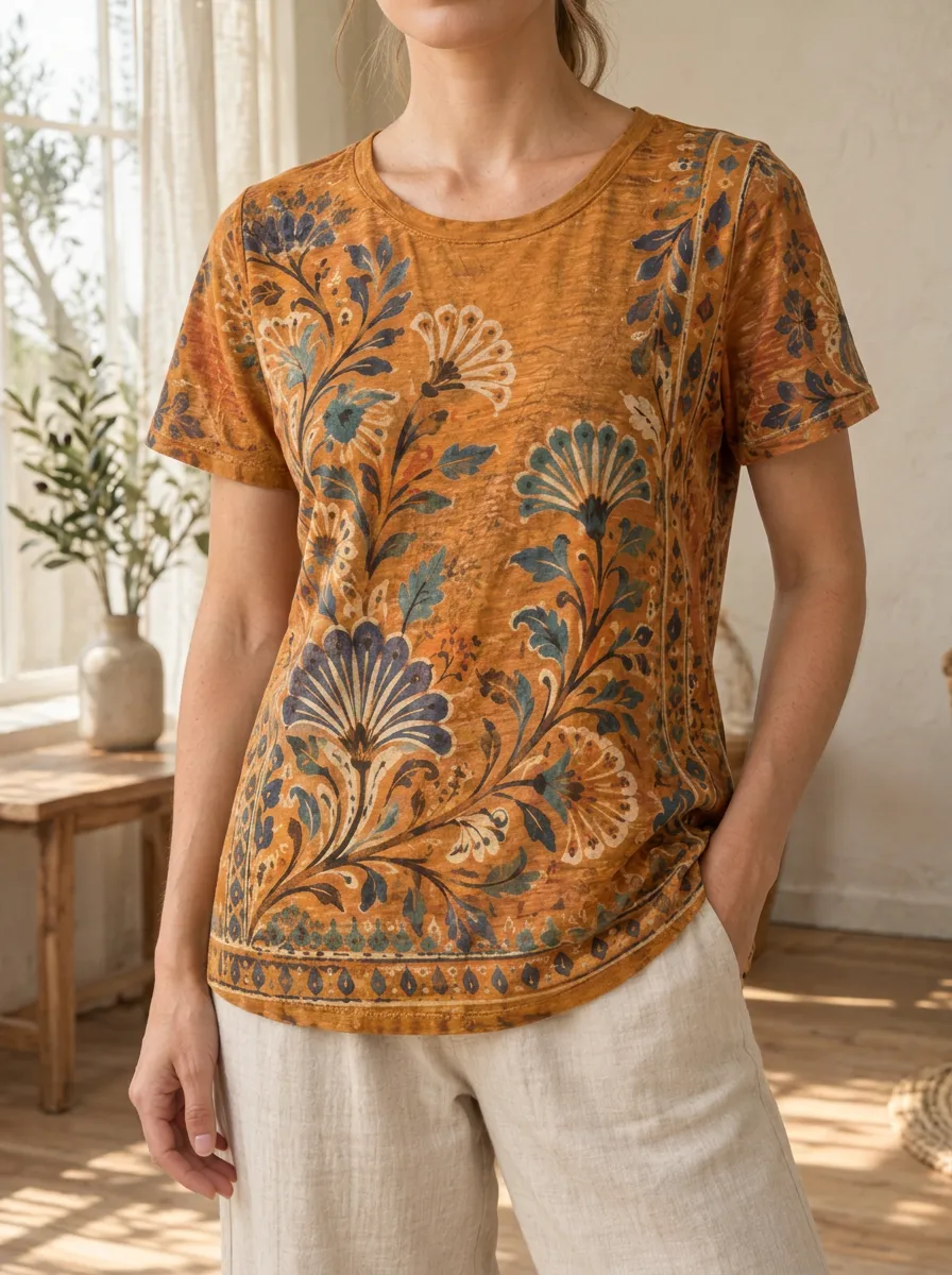 Women's Boho Floral Pattern Mustard Printed T-shirt