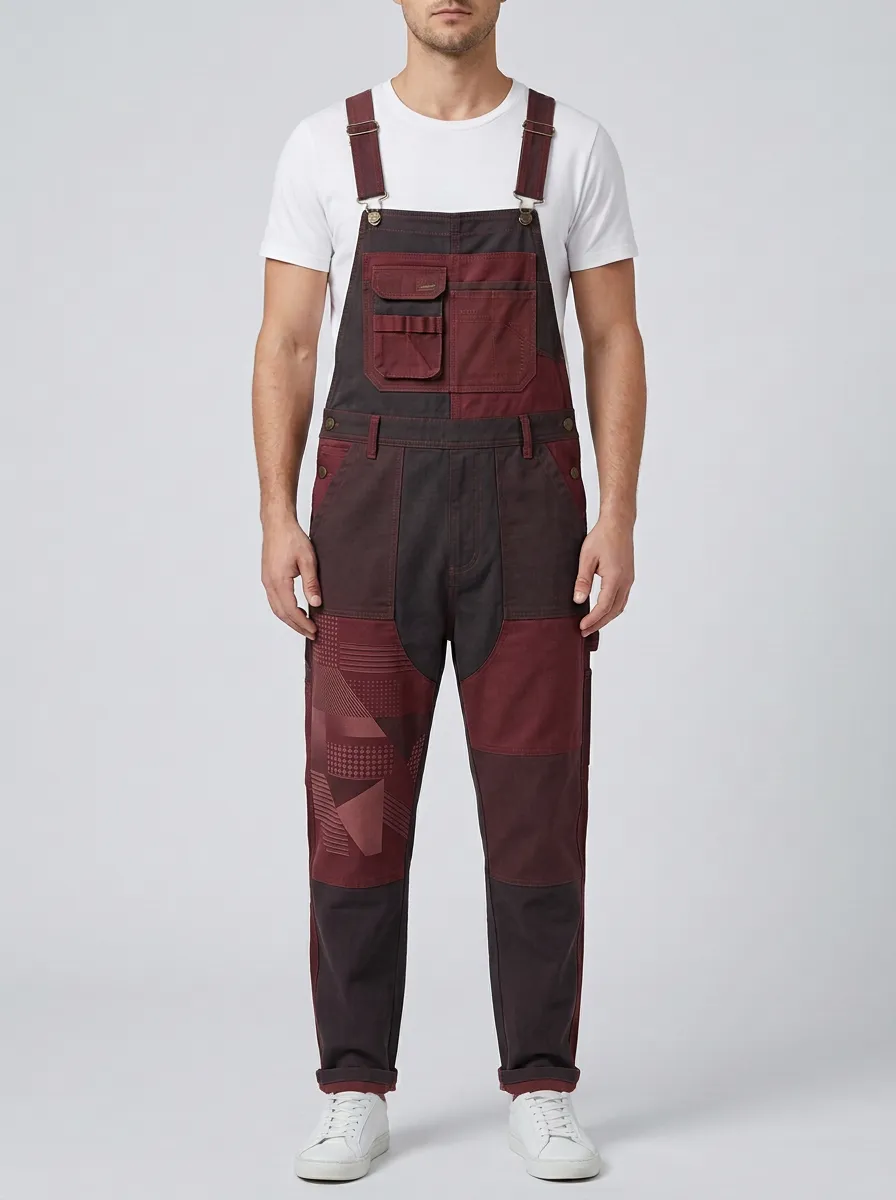 Patchwork Utility Graphic Print Overalls