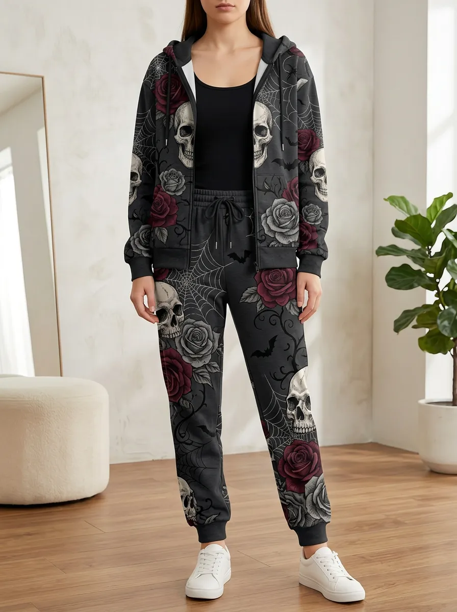 Women's Halloween Skull Rose Spiderweb Coordinated Hoodie Jogger Set