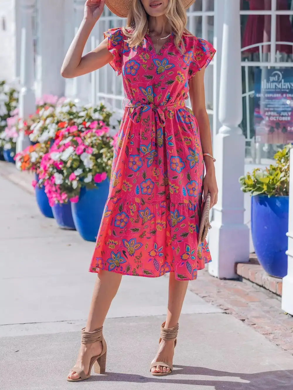 Comfort Fit Floral Tie Waist Flutter Sleeve Dress