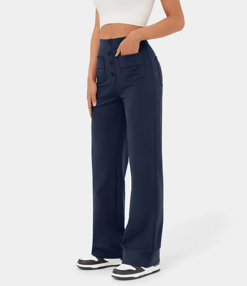 High Waisted Button Multiple Pockets Straight Leg Casual Pants
