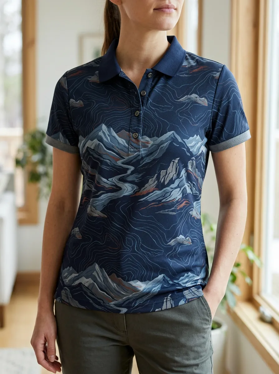 Women's Retro Inspired Hiking Lover Mountain Topographic Polo Shirt