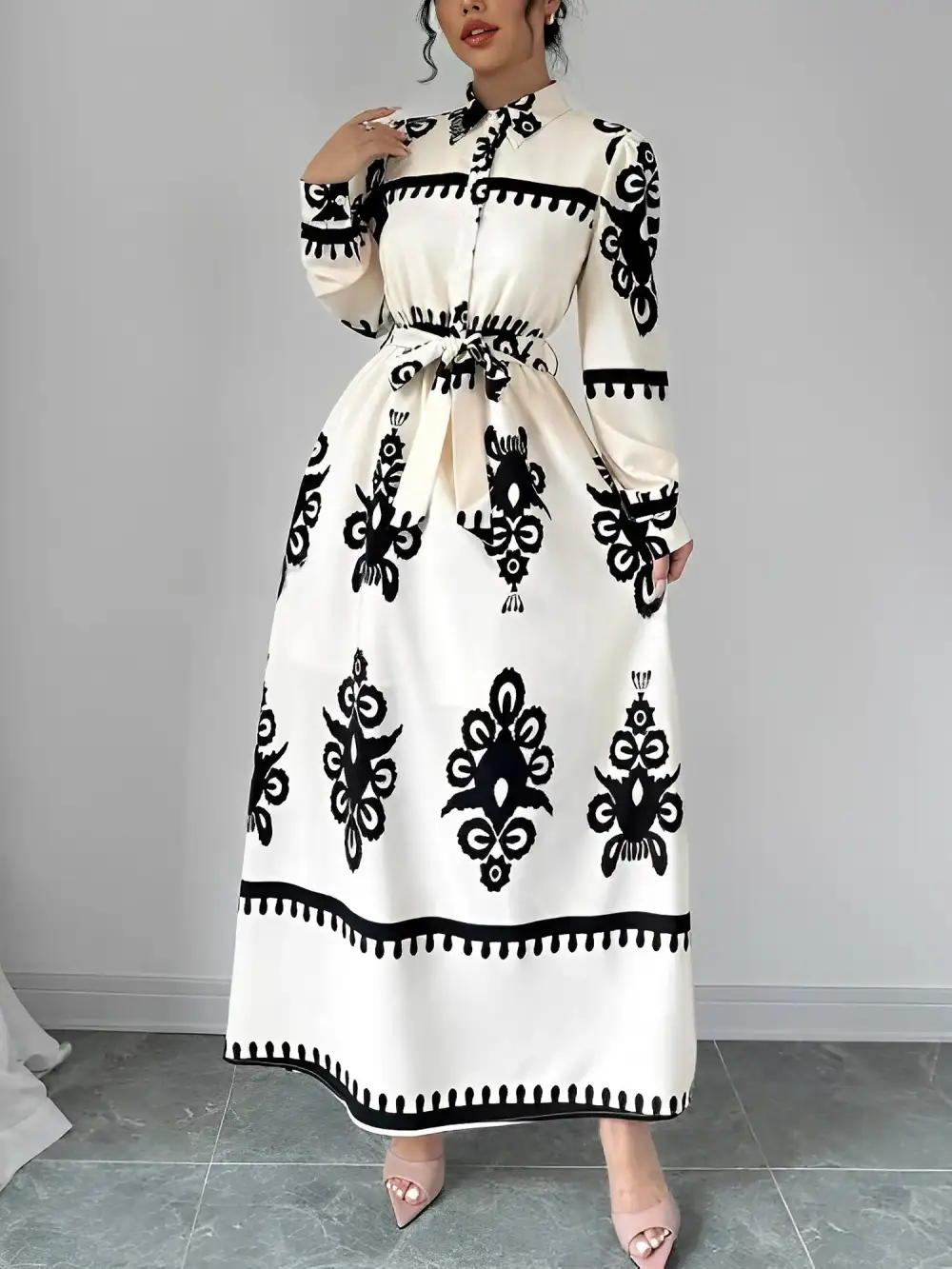 Lantern Long-Sleeve Collar Boho-Print Maxi Dress