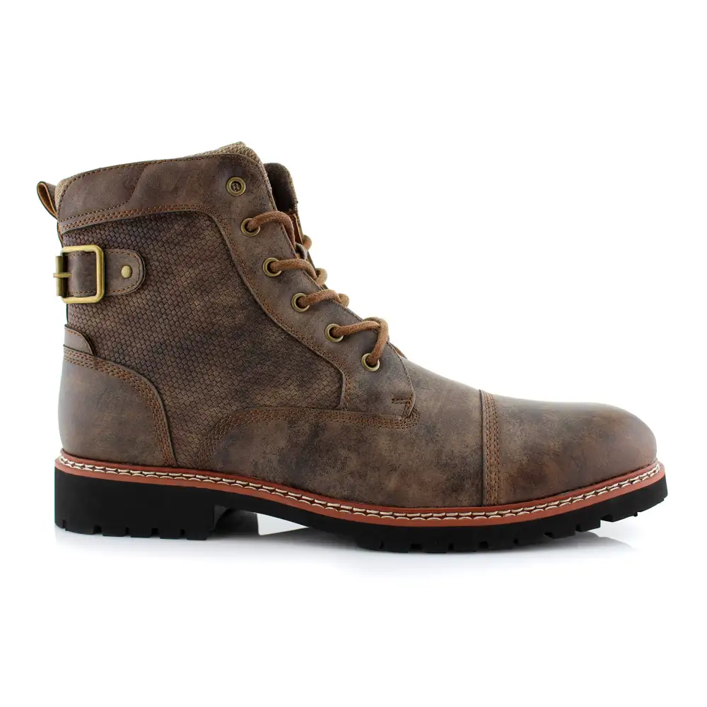 Faux-Leather Burnished Lace-Up Combat Boots