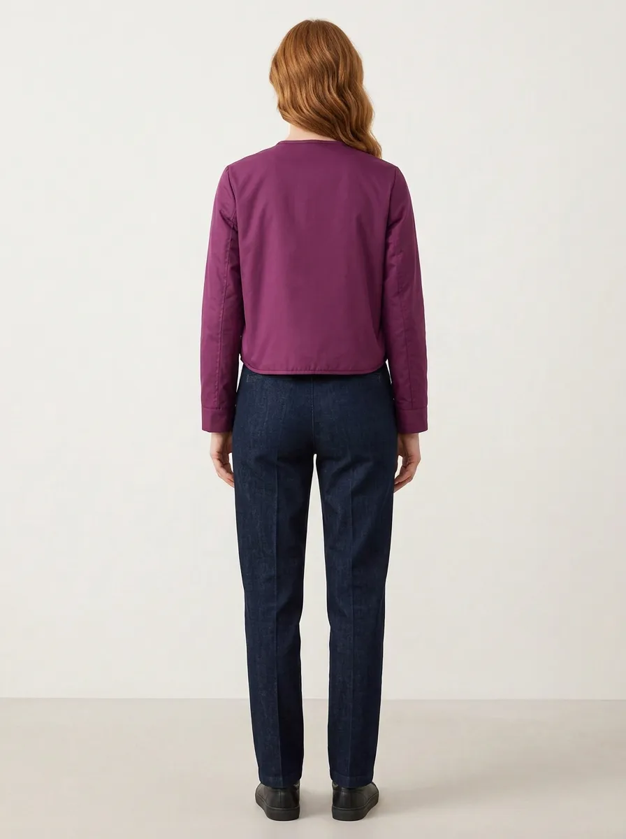 Women's Plum Collarless Curved-Hem Zip Jacket