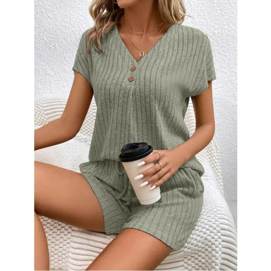Ribbed V Neck Top and Shorts Set