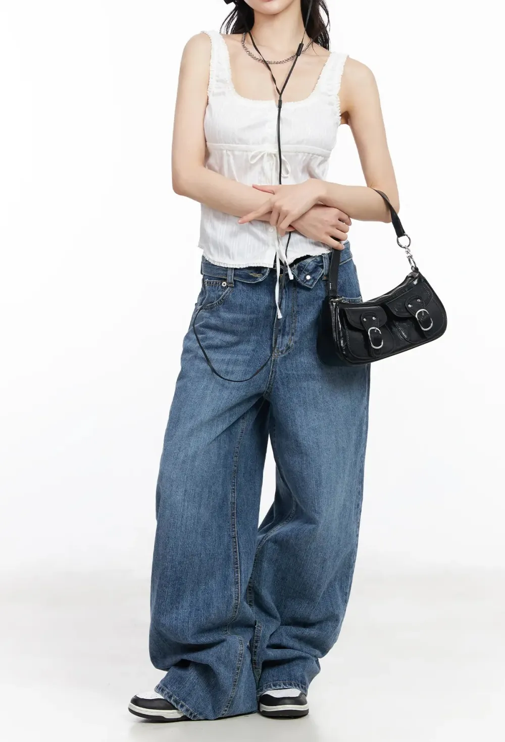 Stitch-Detail Low Rise Wide Leg Jeans