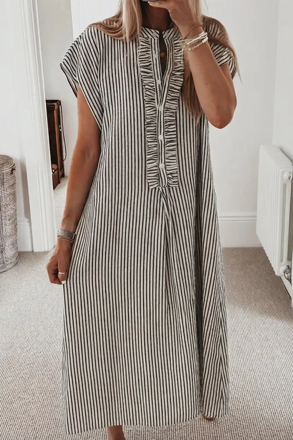 Striped Half Button Ruffle Dress Casual