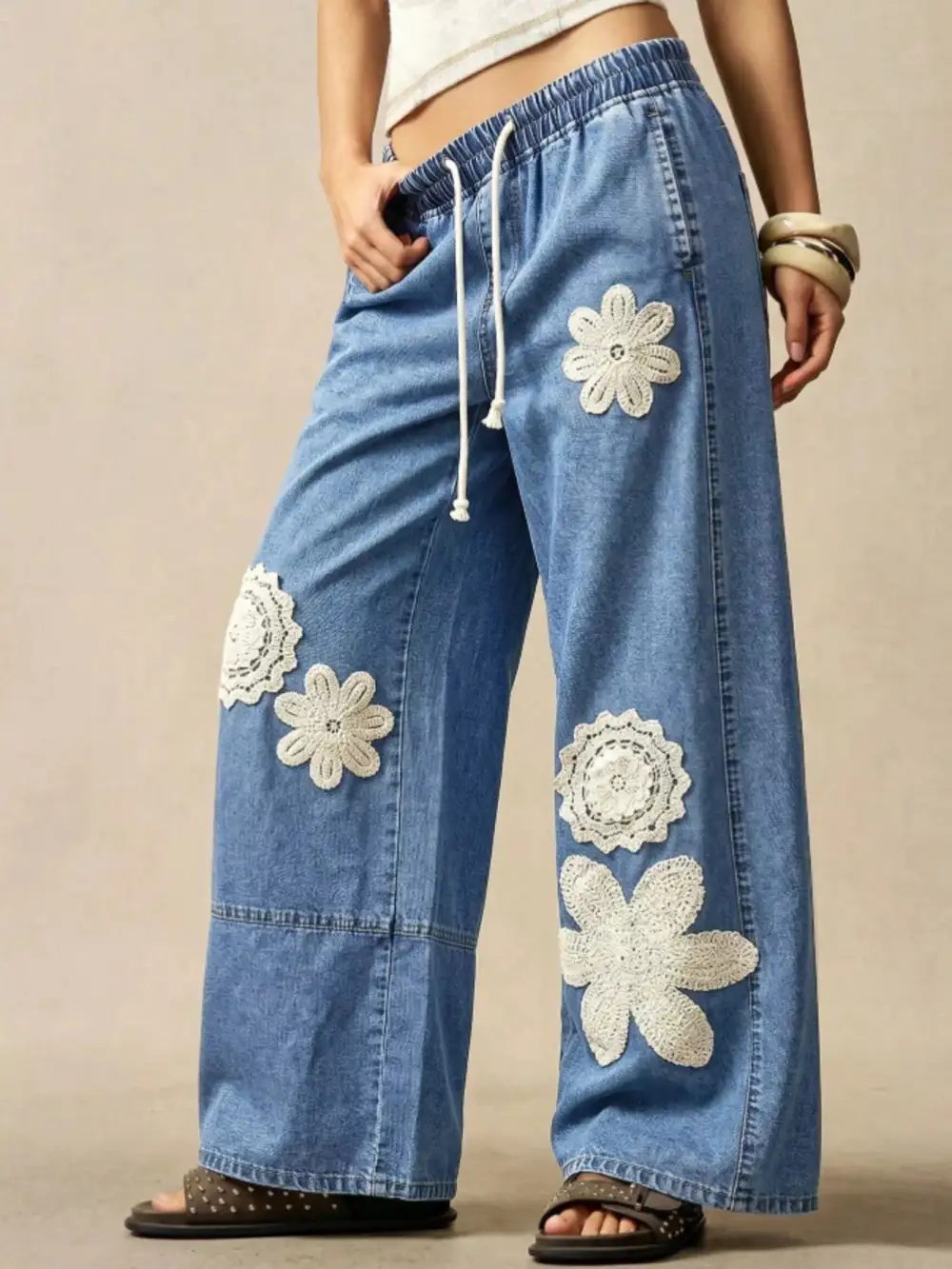 Wide-Leg Drawstring Jeans For Women