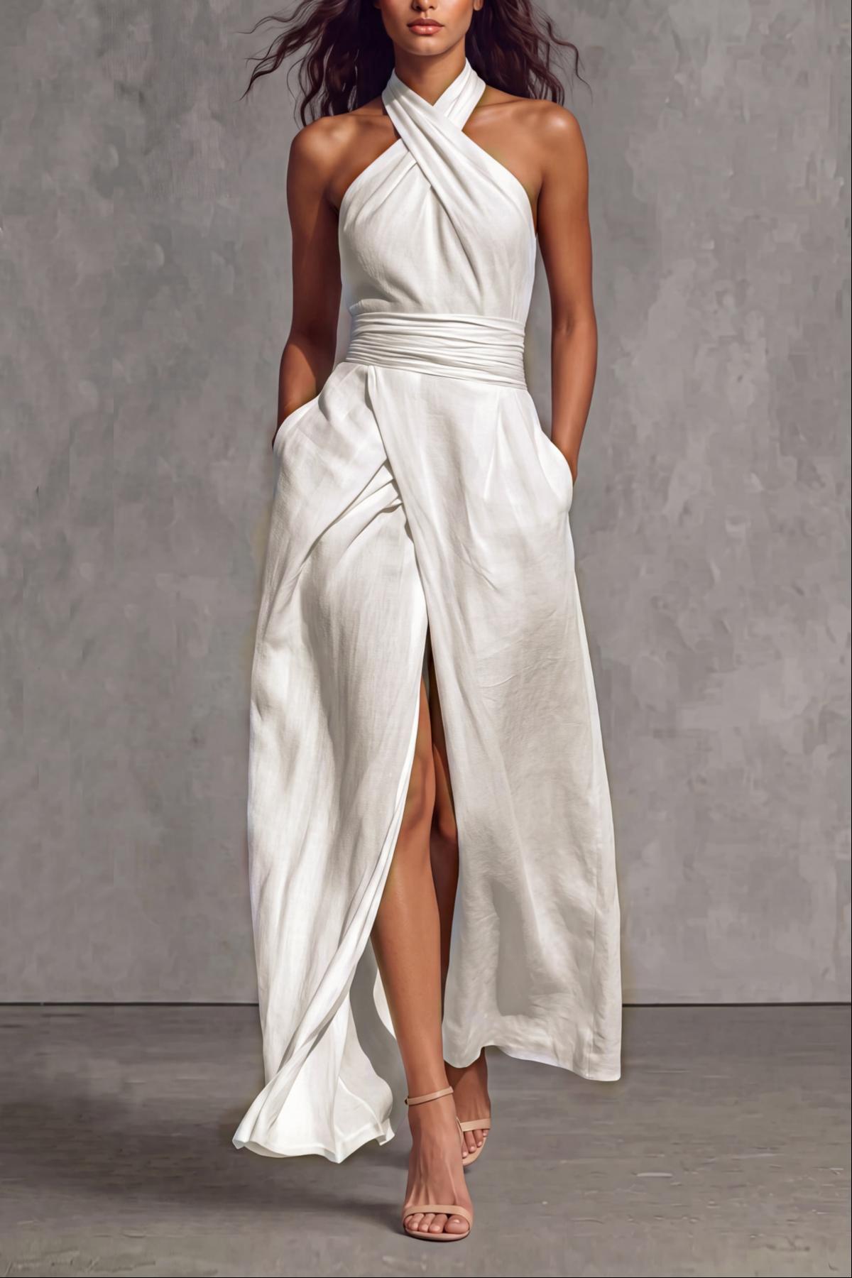 Halter Neck Ruched Slit Maxi Dress
