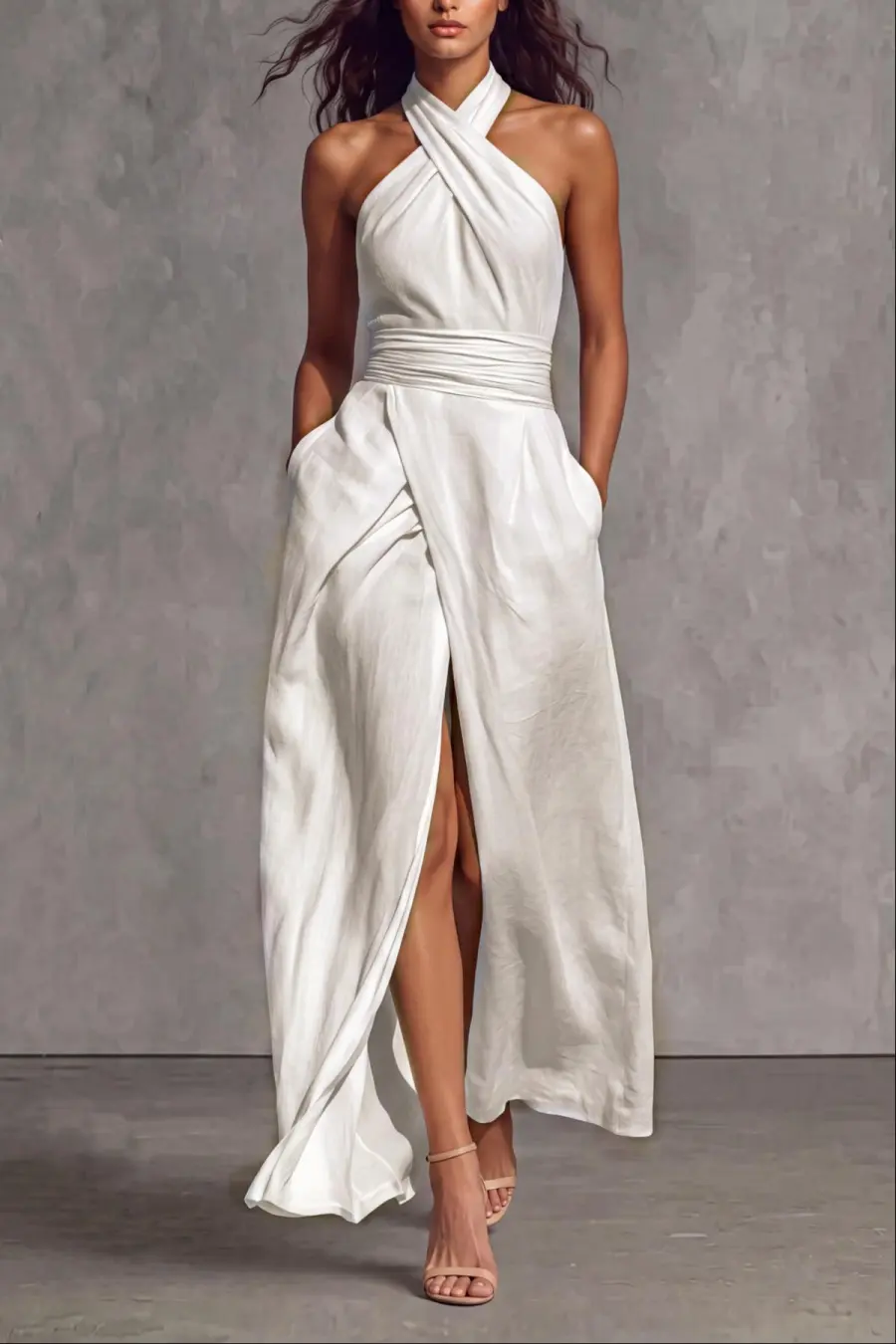 Halter Neck Ruched Slit Maxi Dress