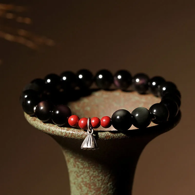 Natural Obsidian Cinnabar Lotus Charm Fulfillment Bracelet