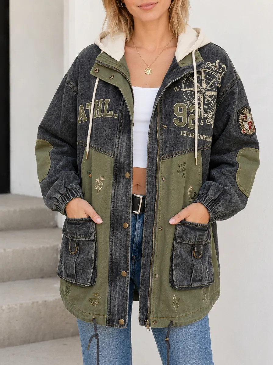 Women's Vintage Compass Patchwork Printed Denim Jacket