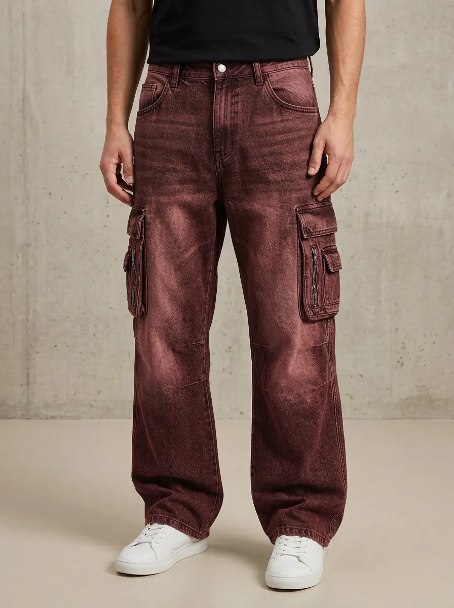 Men's Vintage Washed Grey Multi-Pocket Cargo Pants