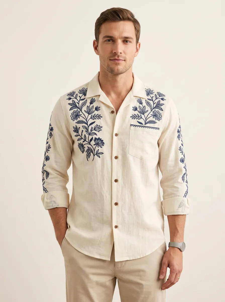 Men's Long Sleeve Floral Boho Embroidered Shirt