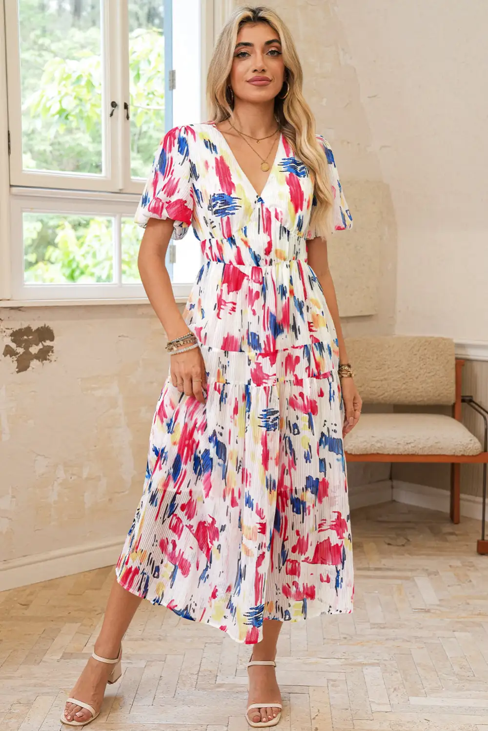 Abstract Print Tiered Puff Sleeve Maxi Dress