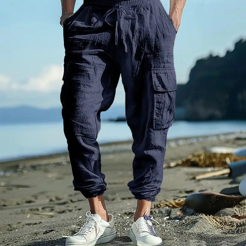 Men's Casual Linen Cargo Waist Pockets Cargo Pants