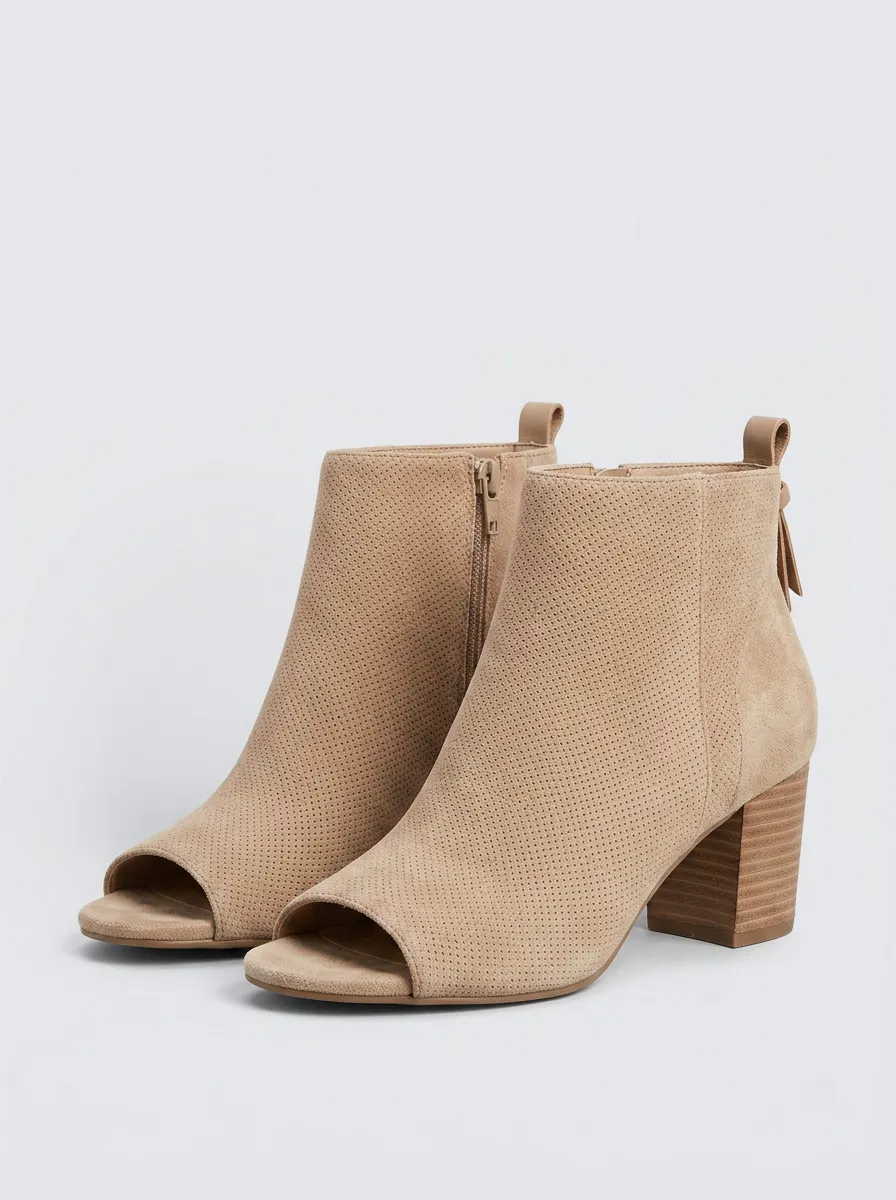 Perforated Suede-Look Women's Peep-Toe Ankle Boots
