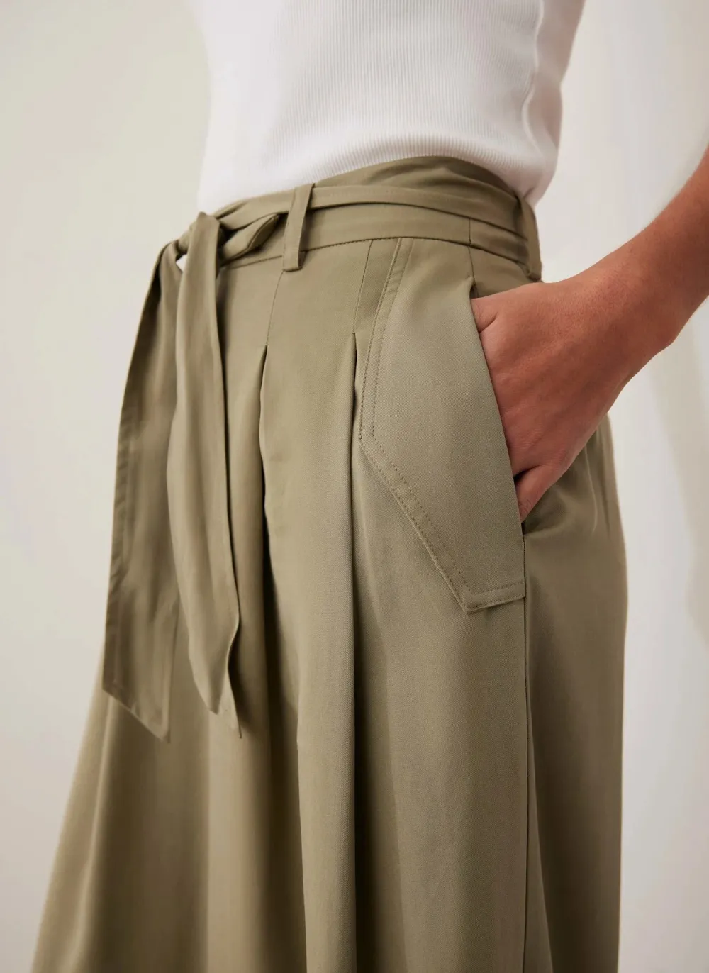 Casual Style Khaki Belted Wide Leg Trousers