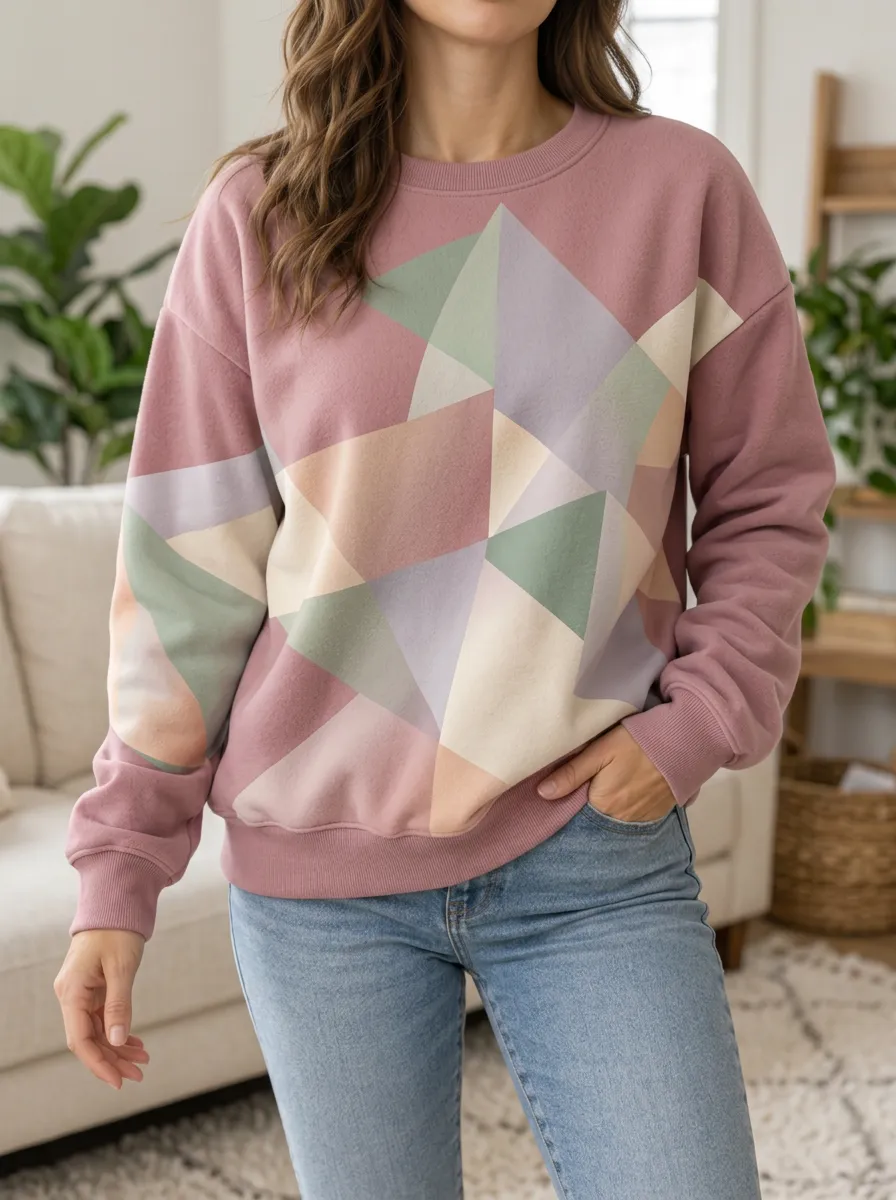 Women's Dusty Rose Geometric Print Crewneck Sweatshirt Relaxed Fit