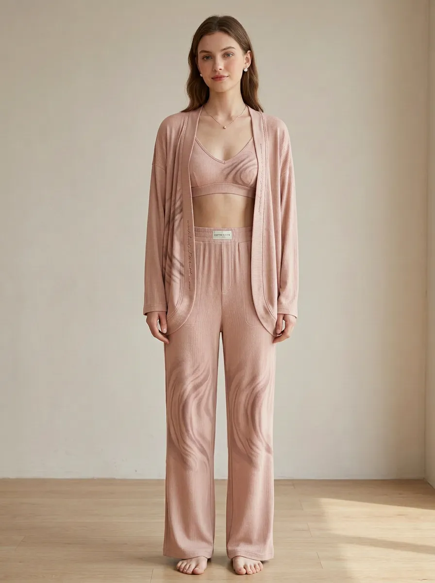 Wavy Ribbed Textured Cardigan Lounge Set