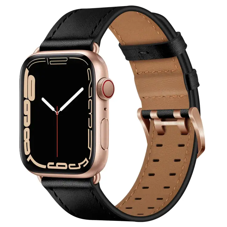Double Buckles Leather Watch Band for Watch Series 9 & 8 & 7 41 mm / SE 3 & SE 2 & 6 & SE & 5 & 4 40 mm / 3 & 2 & 1 38 mm - Black Rose Gold Buckle