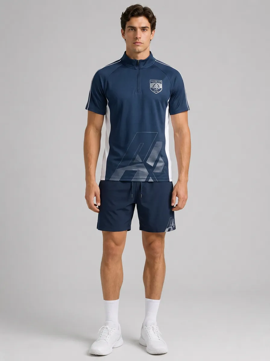 Men's Sporty Club Logo Graphic Printed Quarter-Zip Polo Shorts Set