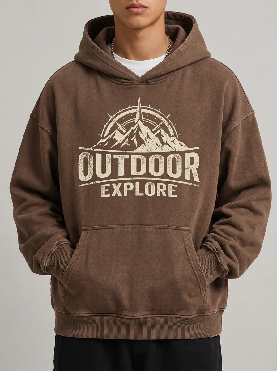 Men's Outdoor Adventure Mountain Compass Printed Hoodie