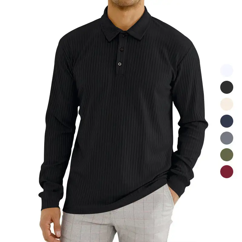 Ribbed Elastic Hem Long Sleeve Polo Shirt
