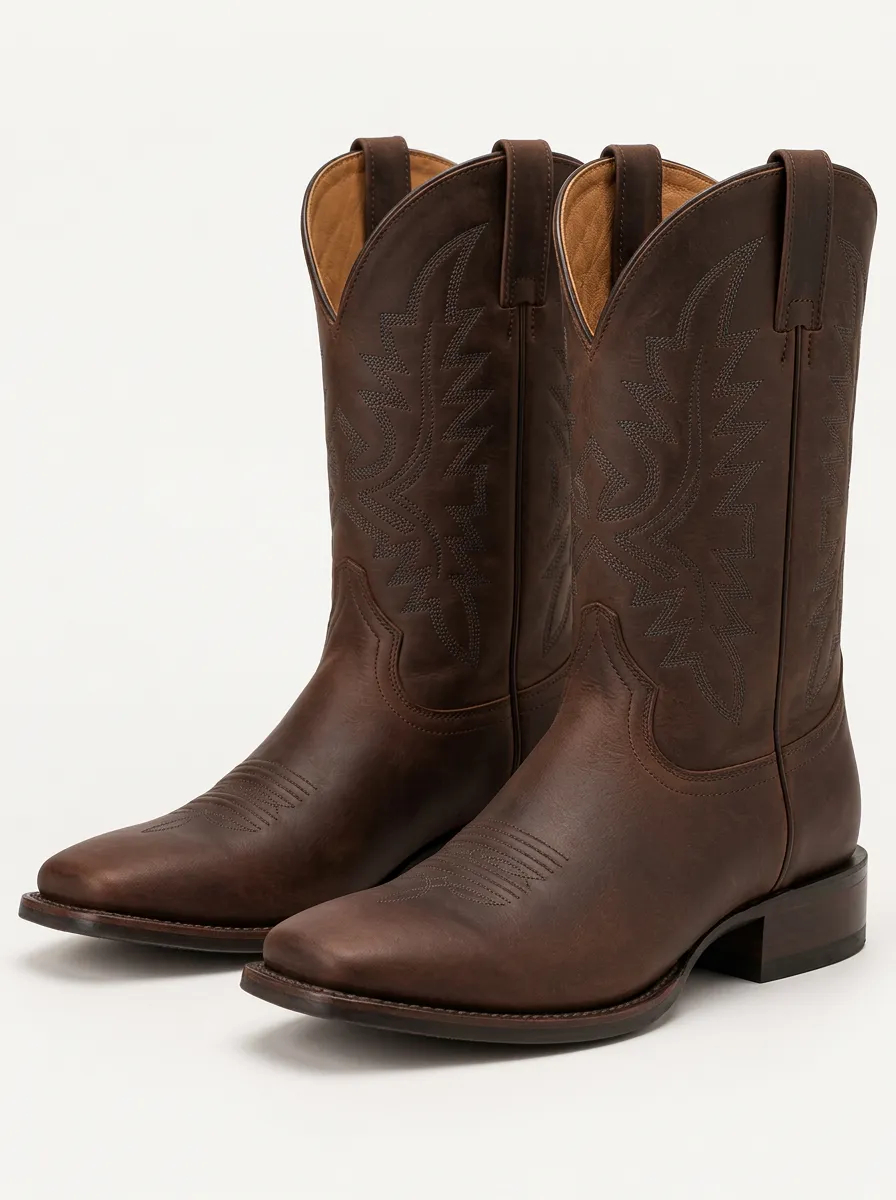 Men's Leather Cowboy Boots with Decorative Stitching and Red
