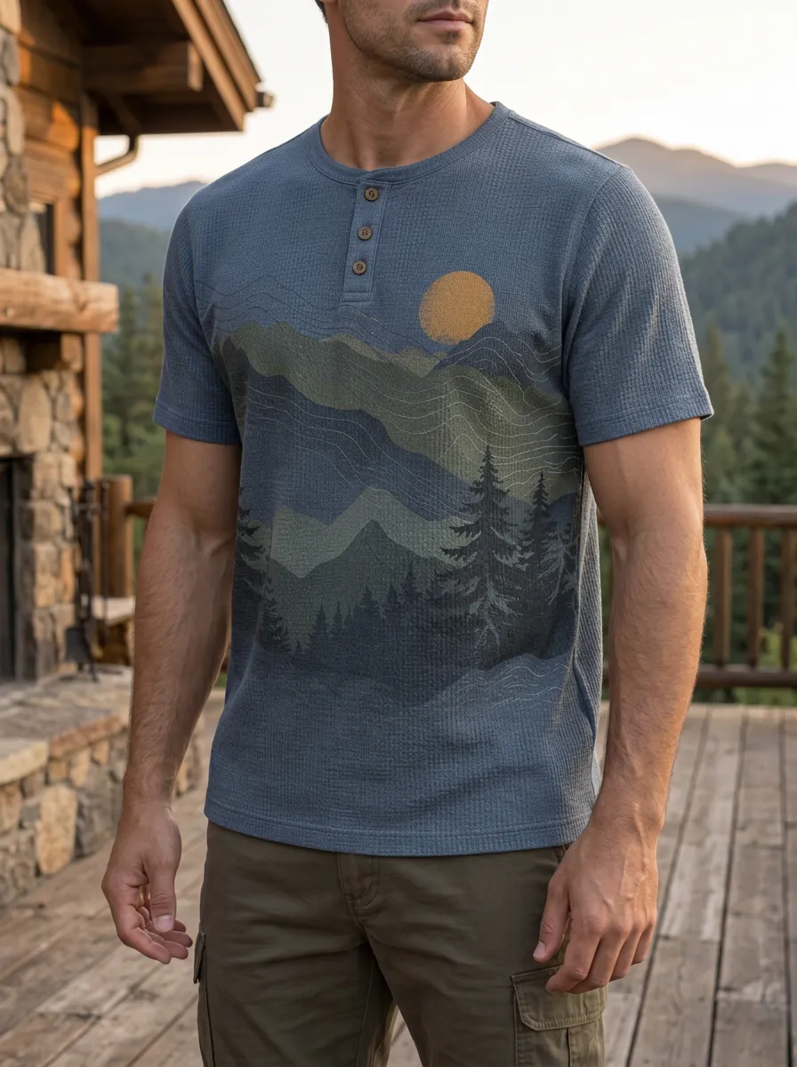 Men's Retro Inspired Nature Lover Mountain Forest Sun Henley T-Shirt