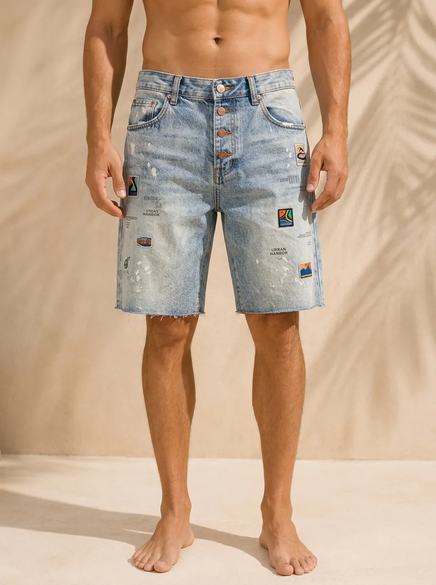 Men's Urban Harbor Graphic Patch Distressed Printed Denim Shorts